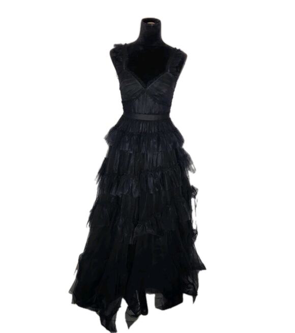 BCBGMaxAzria Dresses & Skirts - BCBGMAXAZRIA Black Tulle Tiered Maxi Dress Ruffle V Neck Formal Size 2